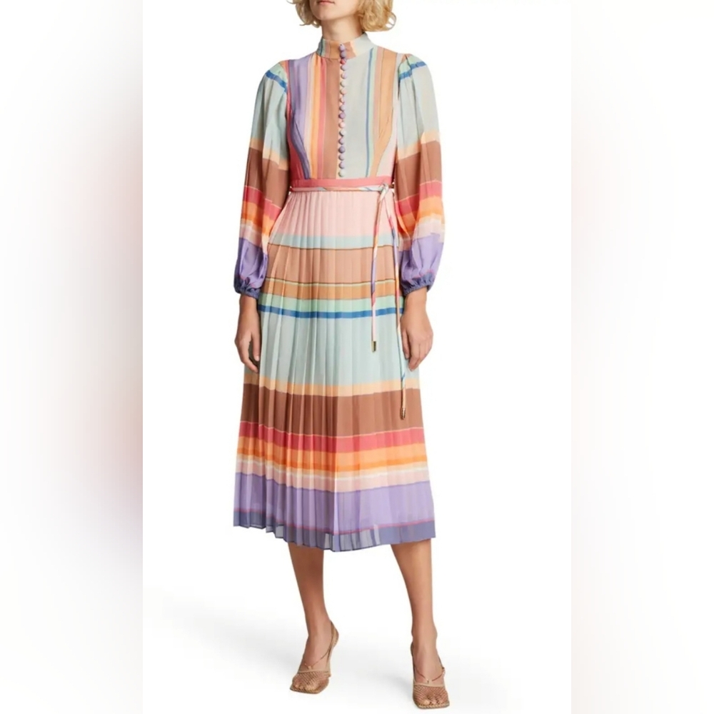 Zimmerman Striped Multicolor Size 1 Midi Long Sleeve Pleated Dress Belt Women's